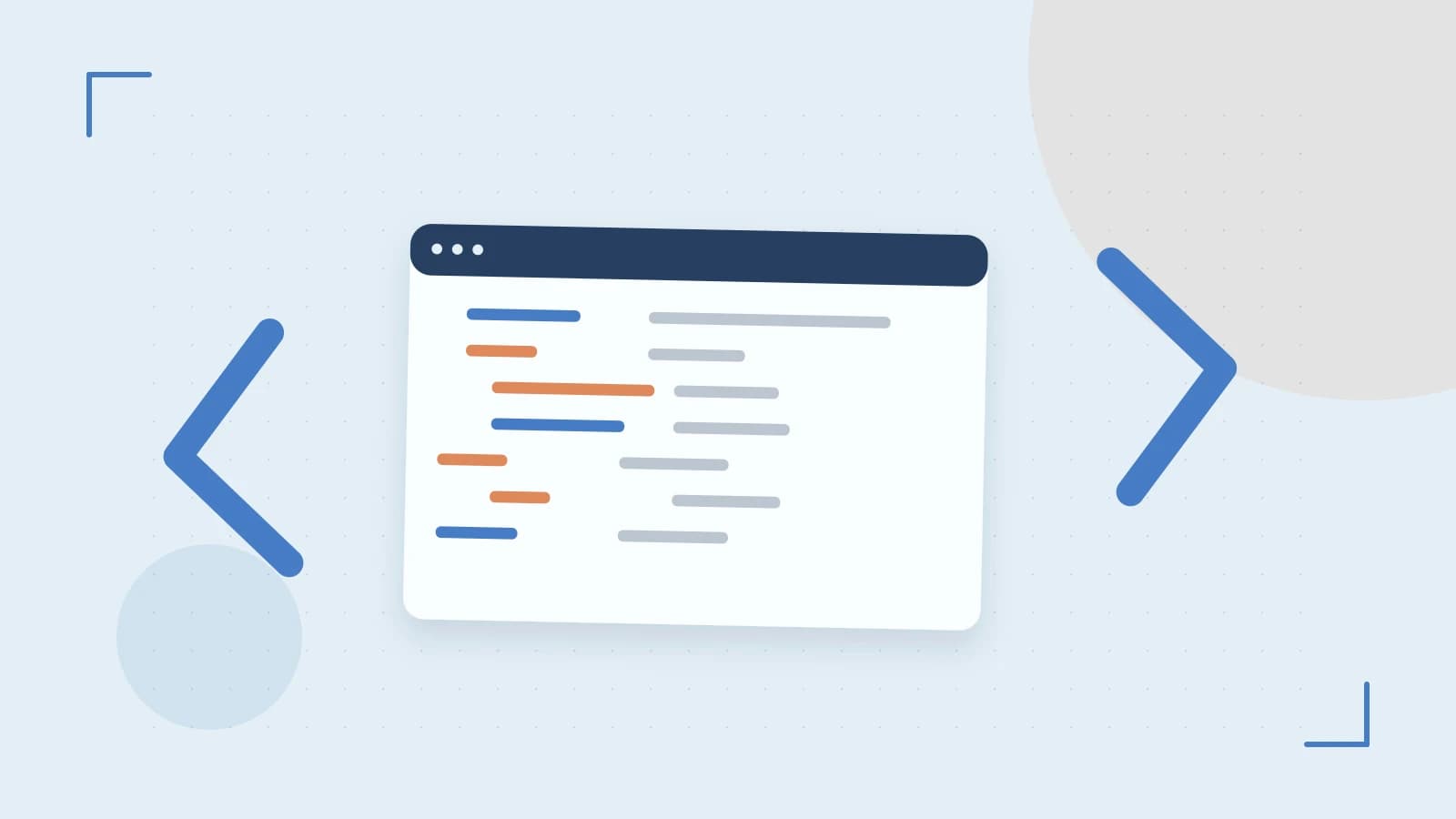 Editorial illustration of an abstract code editor, syntax blocks and oversized programming brackets