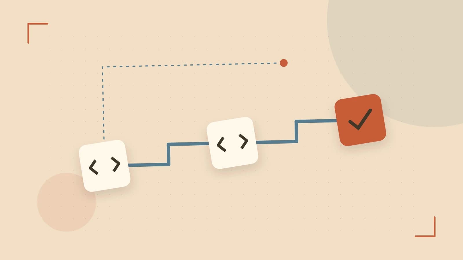 Editorial illustration of a branching build pipeline, staged transformations and a completed check