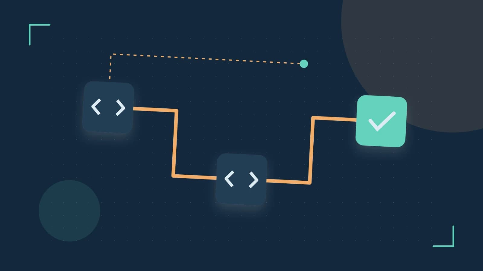 Editorial illustration of a branching build pipeline, staged transformations and a completed check