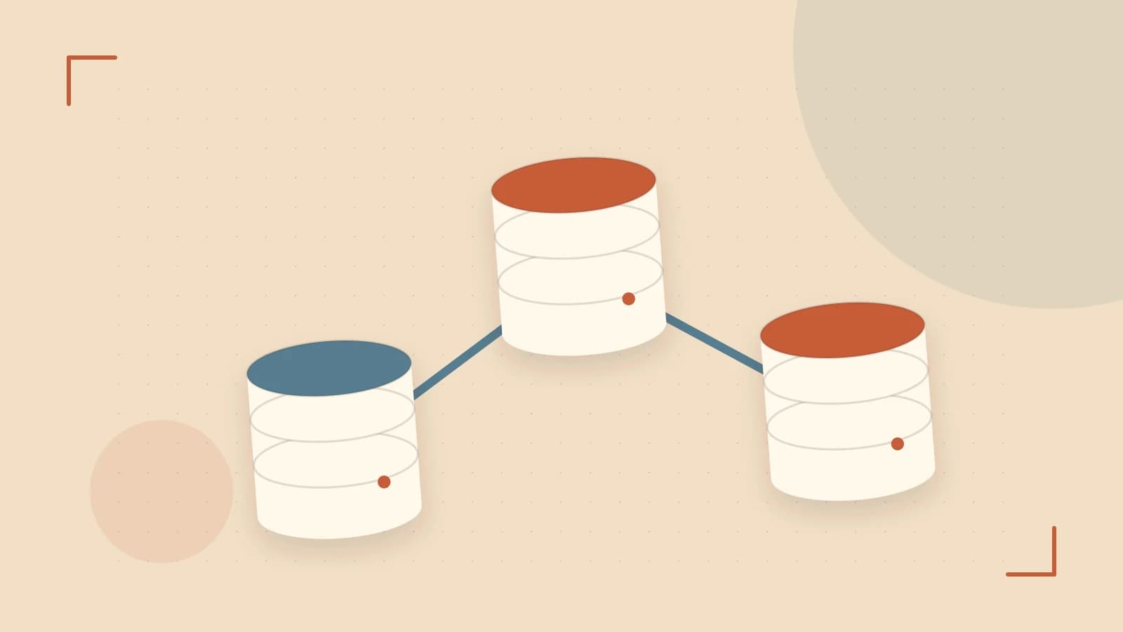 Editorial illustration of structured records, database cylinders and relationships between tables