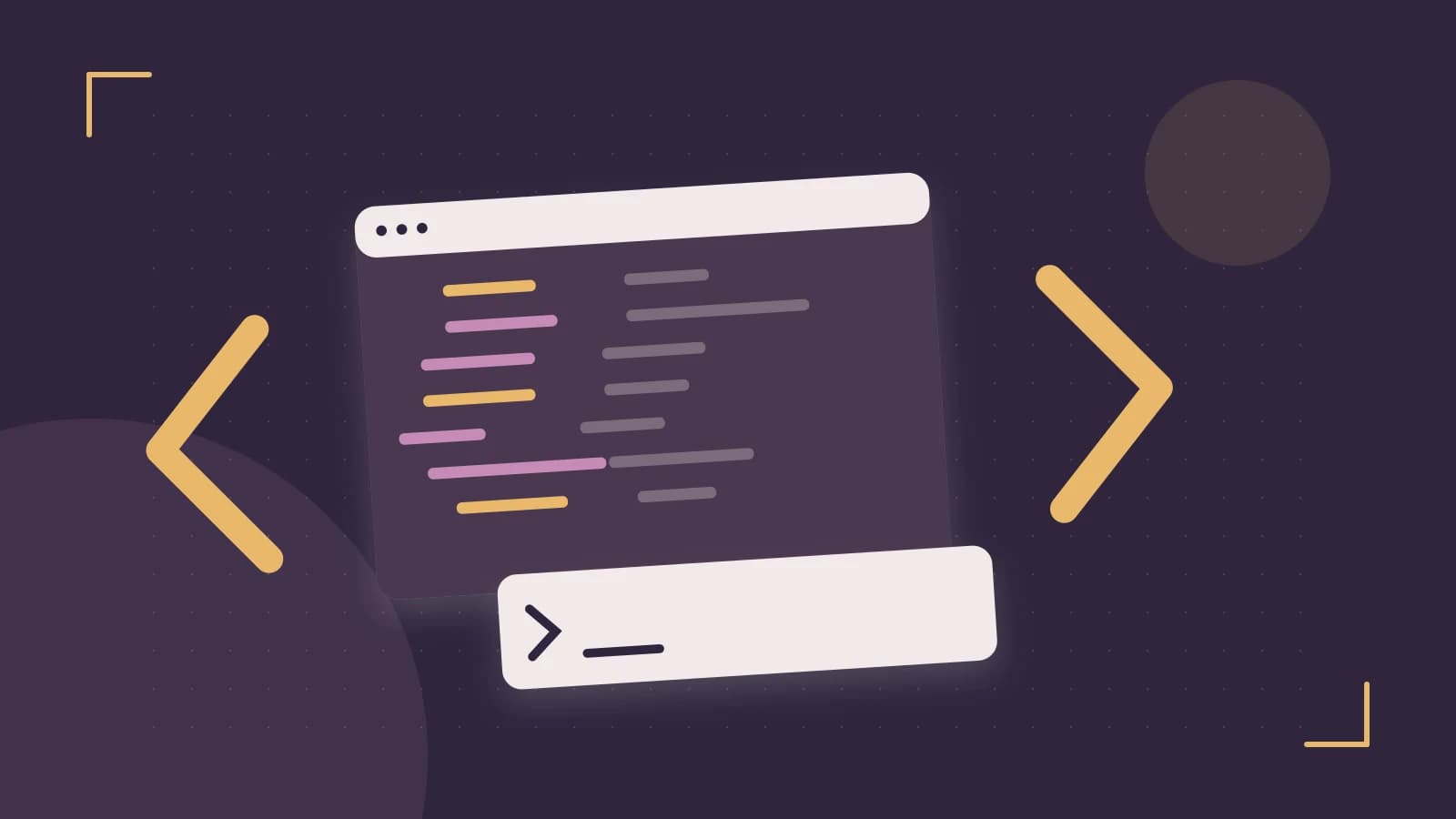 Editorial illustration of an abstract code editor, syntax blocks and oversized programming brackets