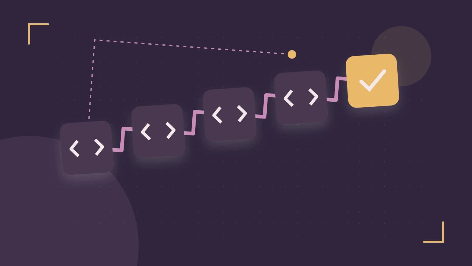 Editorial illustration of a branching build pipeline, staged transformations and a completed check