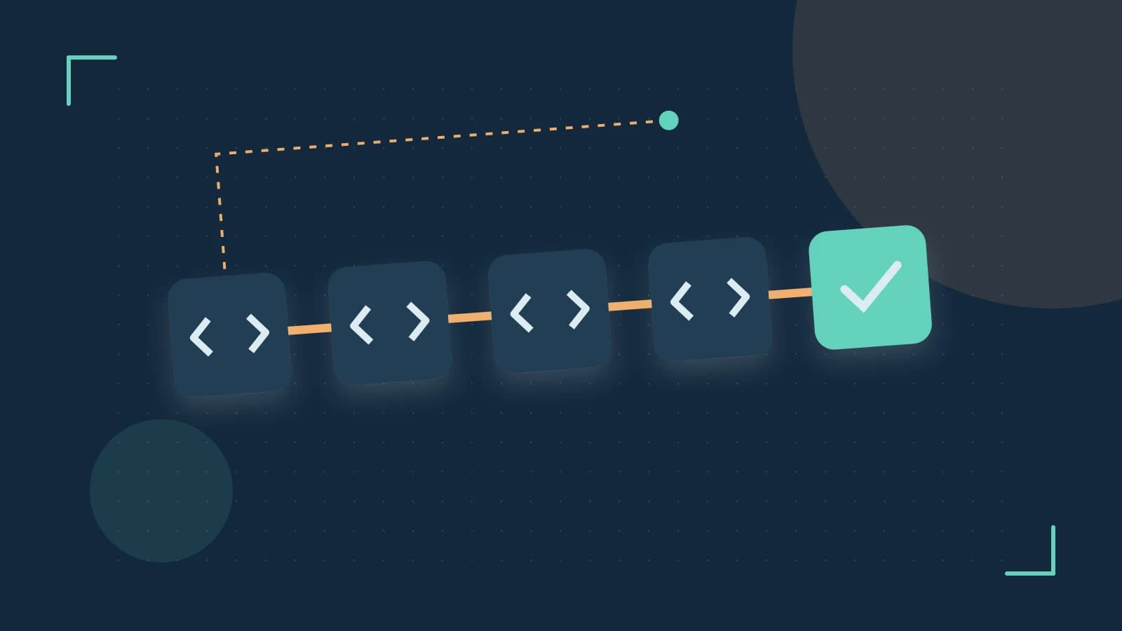 Editorial illustration of a branching build pipeline, staged transformations and a completed check