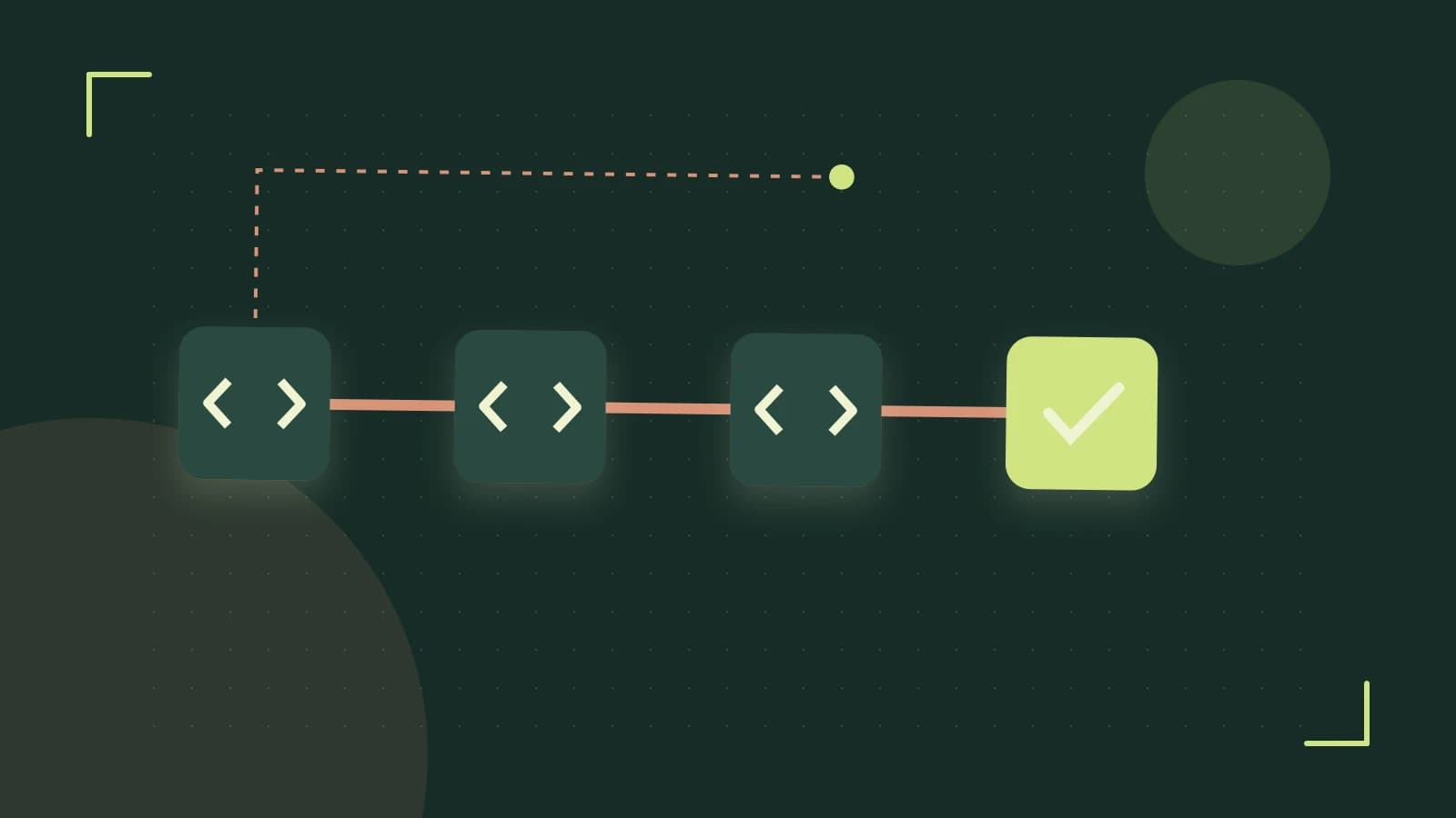 Editorial illustration of a branching build pipeline, staged transformations and a completed check