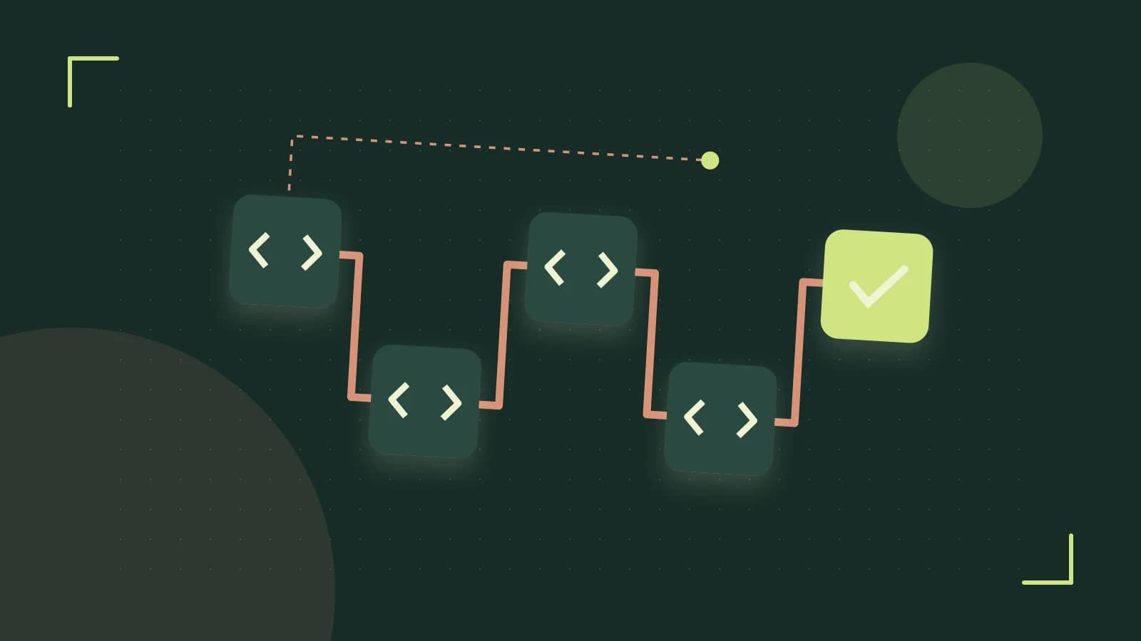 Editorial illustration of a branching build pipeline, staged transformations and a completed check