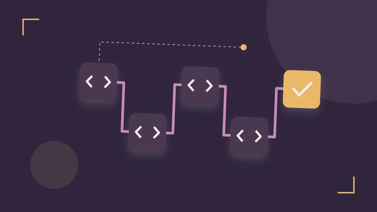 Editorial illustration of a branching build pipeline, staged transformations and a completed check