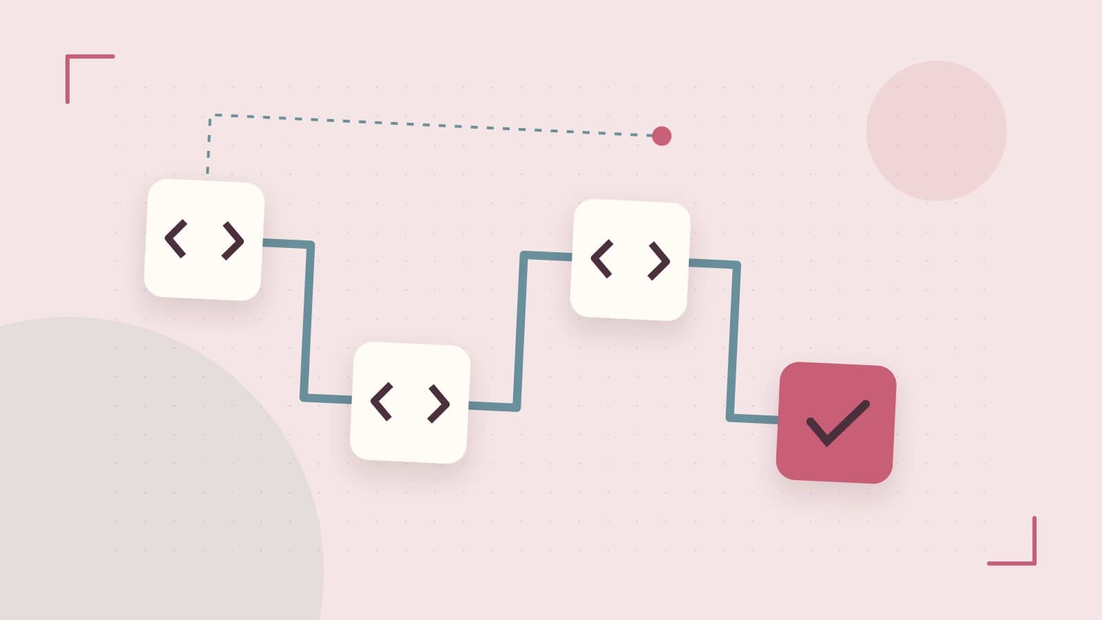 Editorial illustration of a branching build pipeline, staged transformations and a completed check