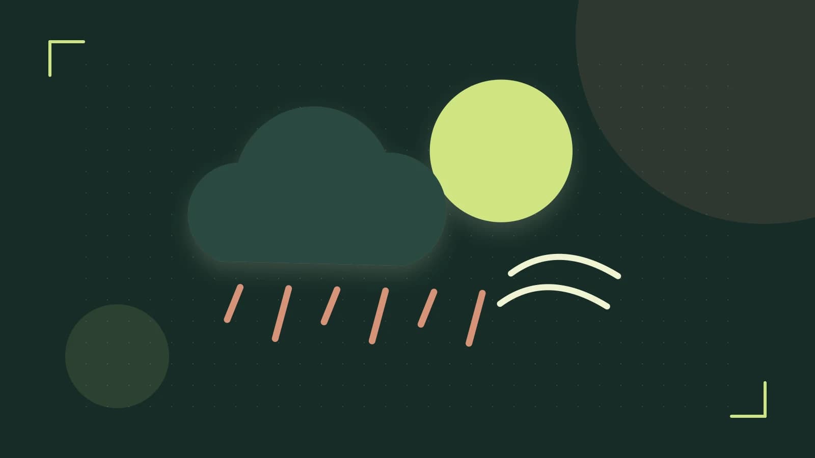 Editorial illustration of a sun, layered clouds, raindrops and flowing weather patterns