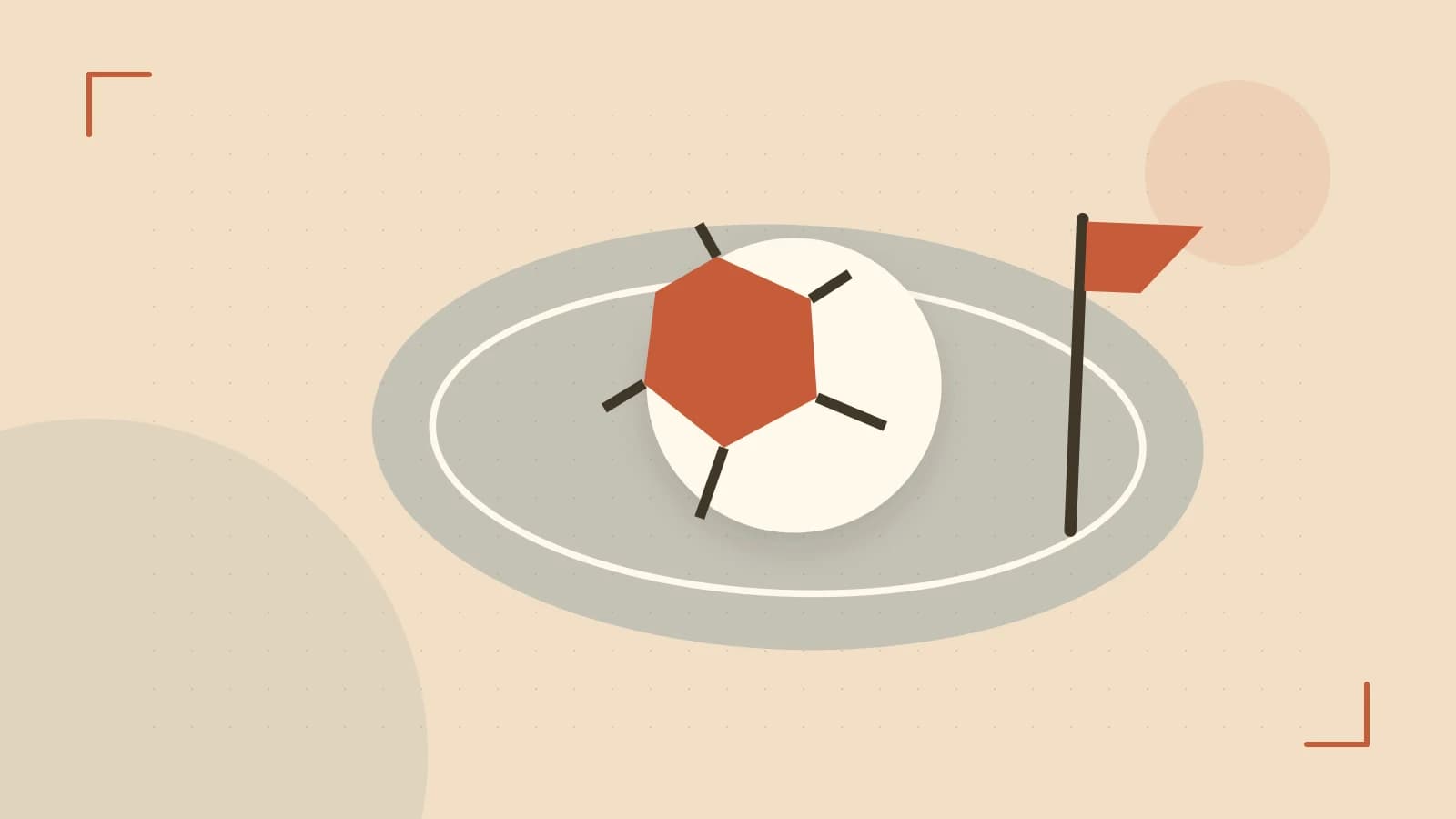 Editorial illustration of a stylized sports ball, stadium geometry and dynamic arcs
