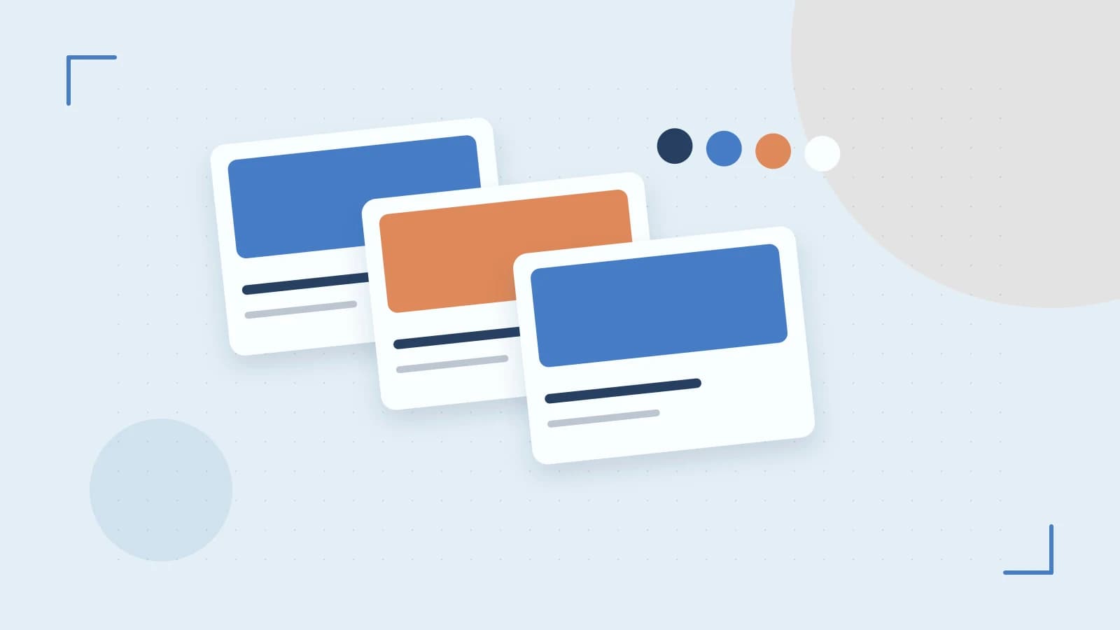 Editorial illustration of responsive browser layouts, overlapping design components and a color system