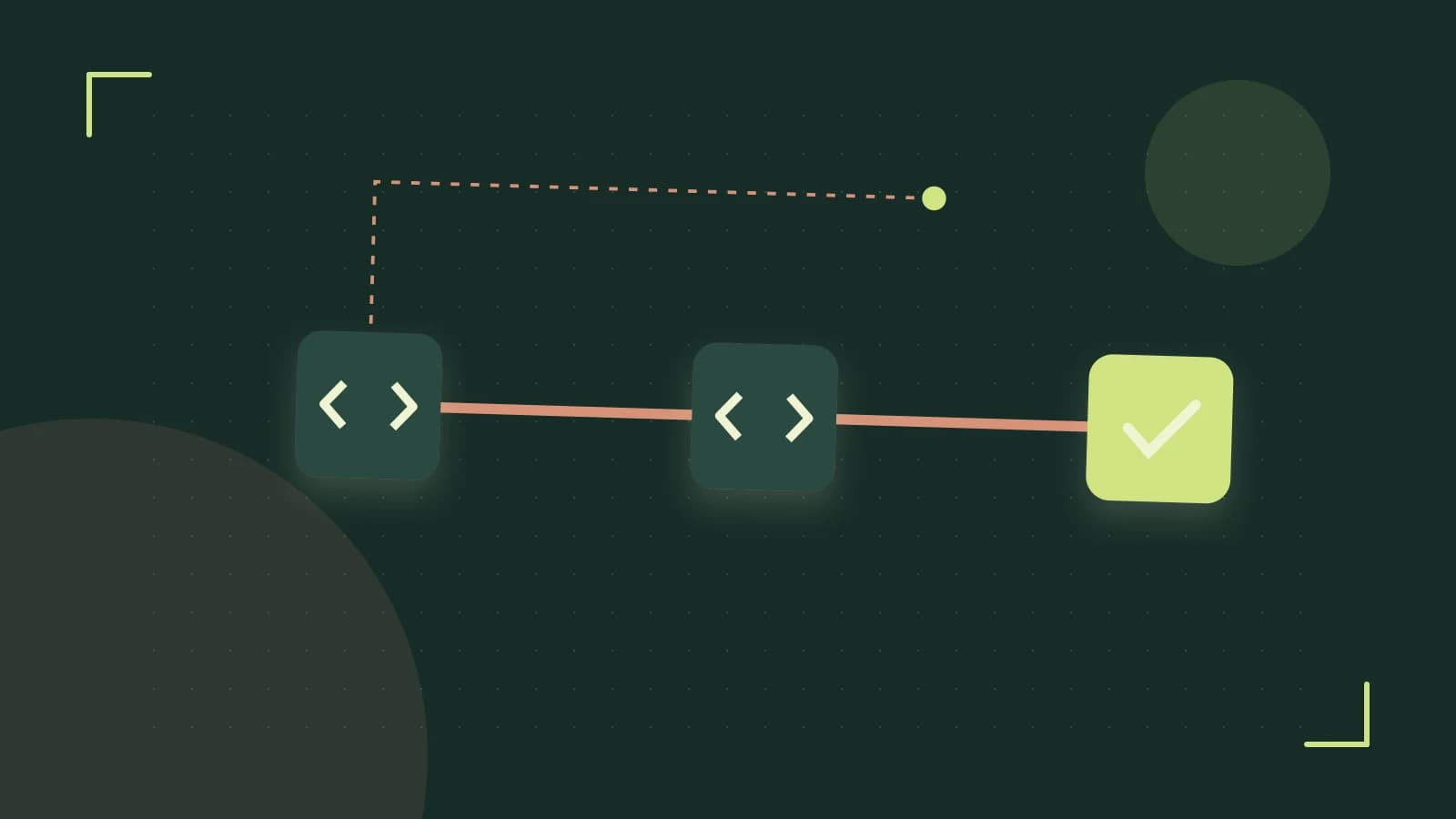 Editorial illustration of a branching build pipeline, staged transformations and a completed check