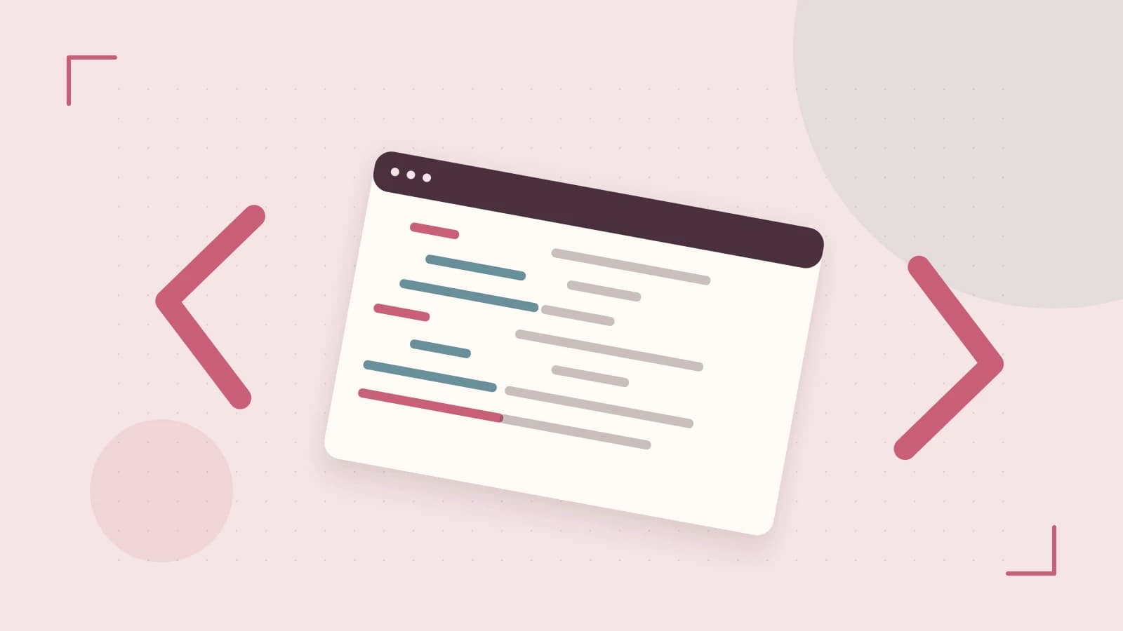 Editorial illustration of an abstract code editor, syntax blocks and oversized programming brackets