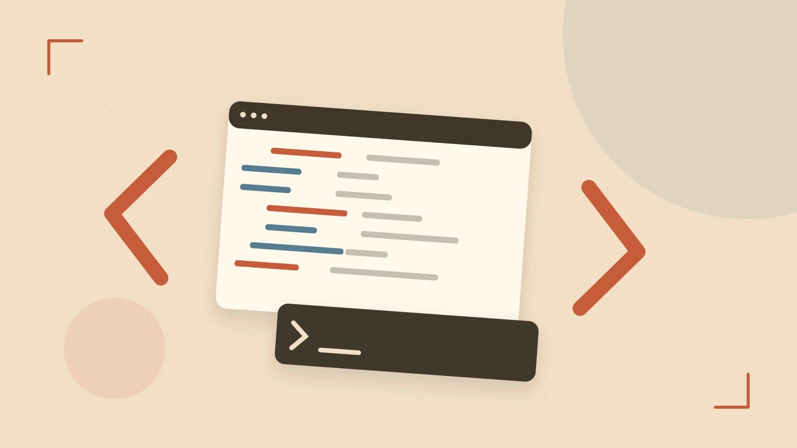 Editorial illustration of an abstract code editor, syntax blocks and oversized programming brackets