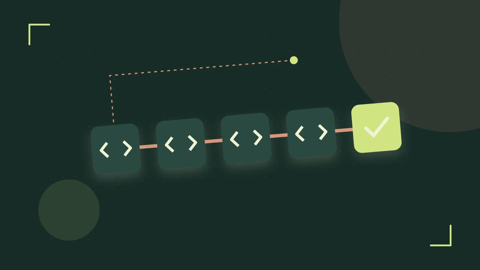 Editorial illustration of a branching build pipeline, staged transformations and a completed check