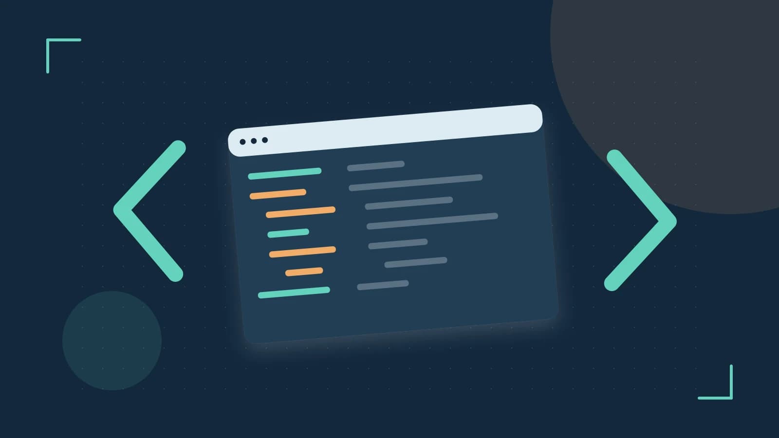 Editorial illustration of an abstract code editor, syntax blocks and oversized programming brackets