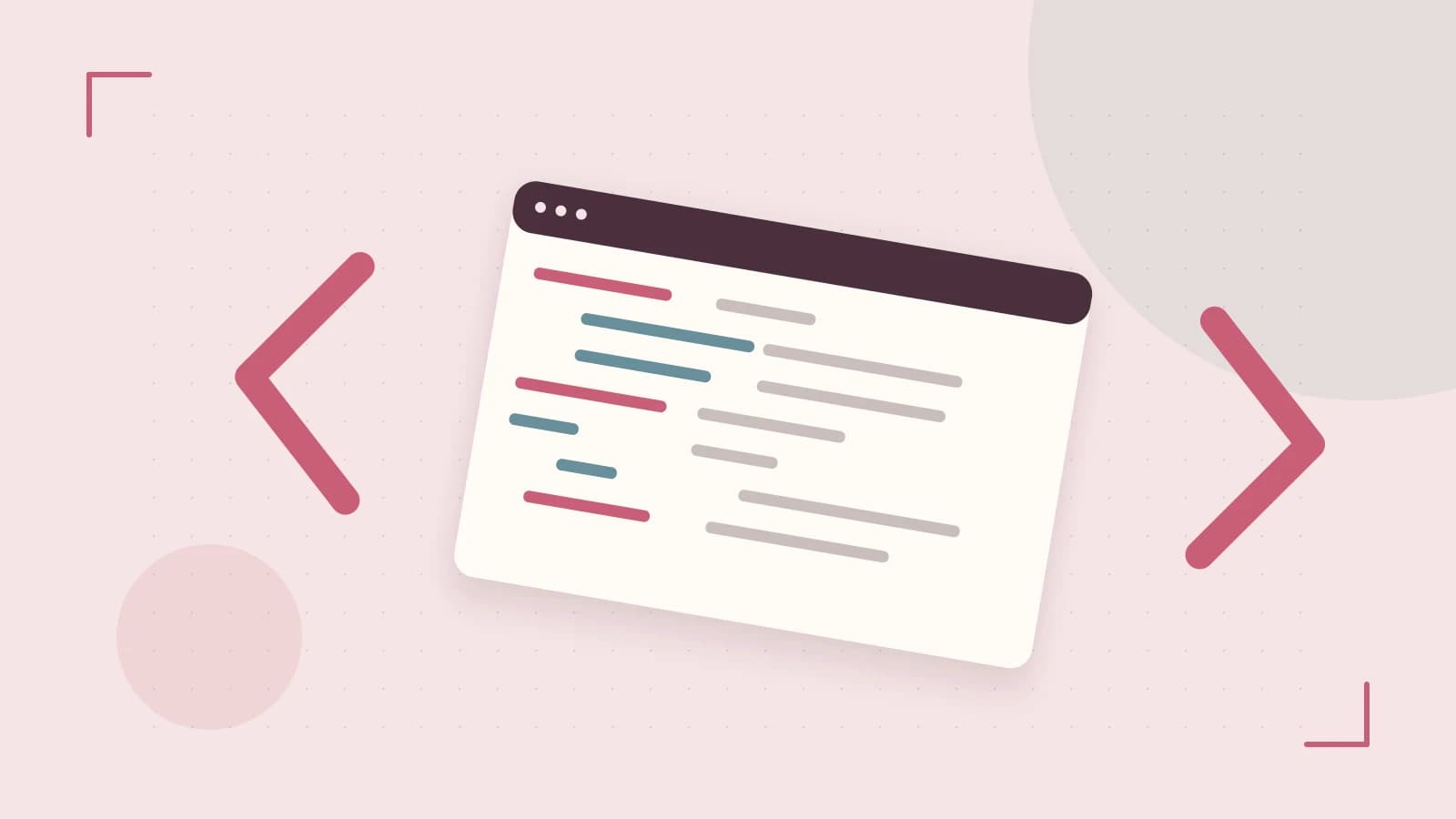 Editorial illustration of an abstract code editor, syntax blocks and oversized programming brackets