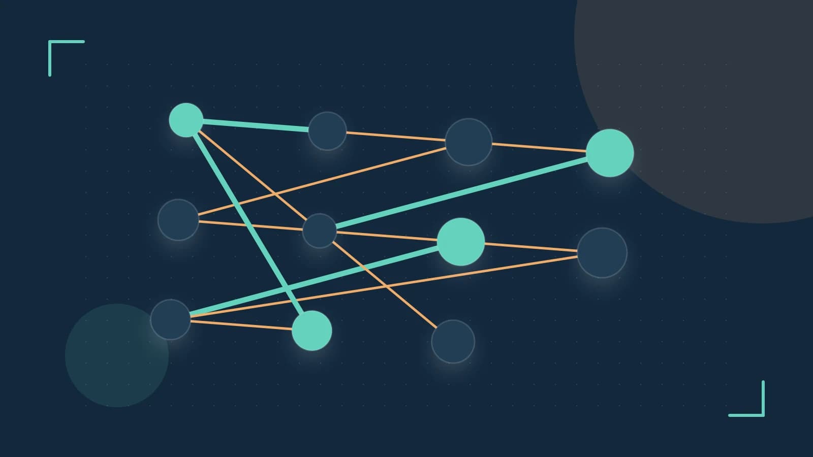 Editorial illustration of an algorithmic node graph with branching paths and a highlighted result
