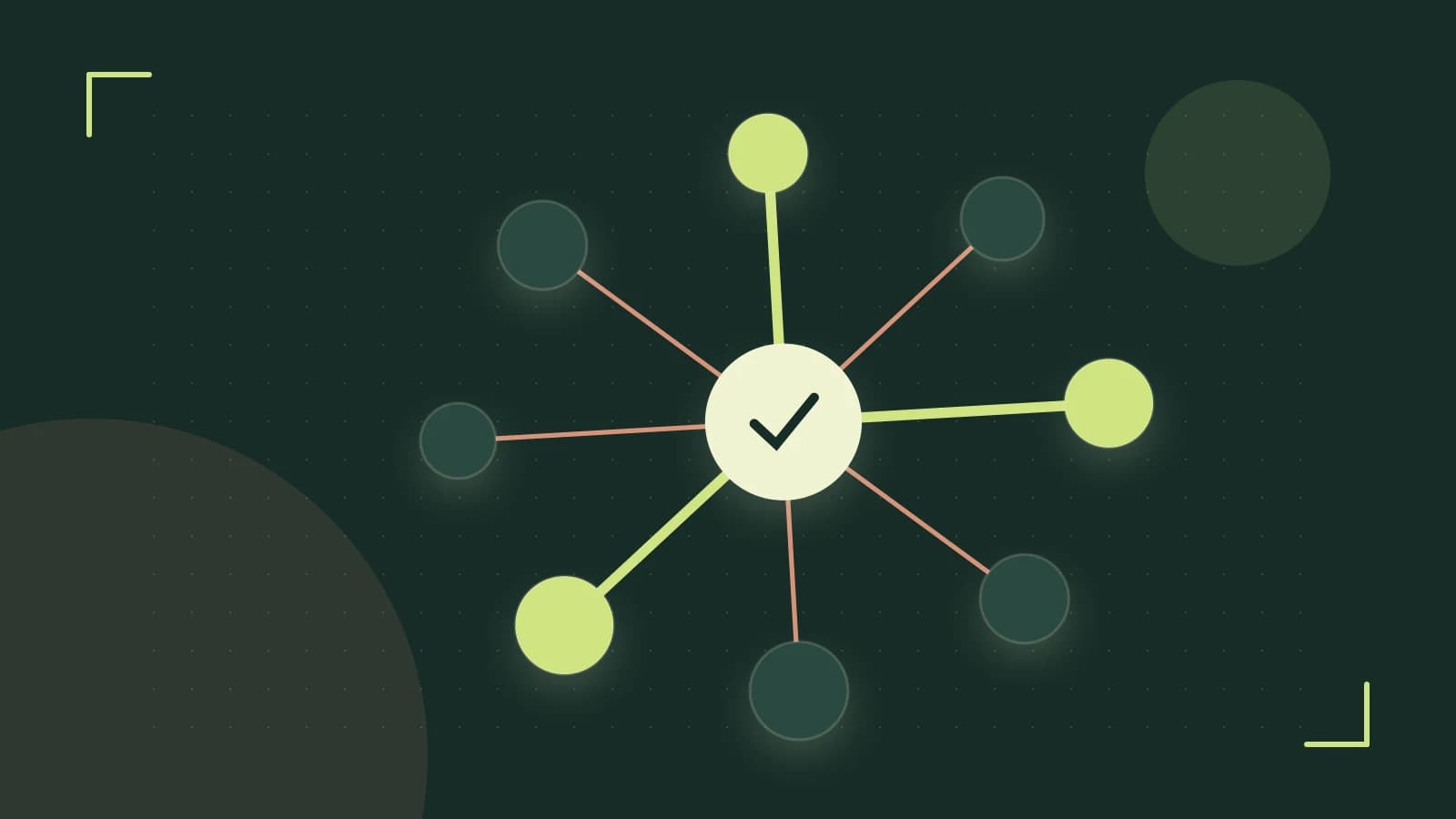 Editorial illustration of an algorithmic node graph with branching paths and a highlighted result