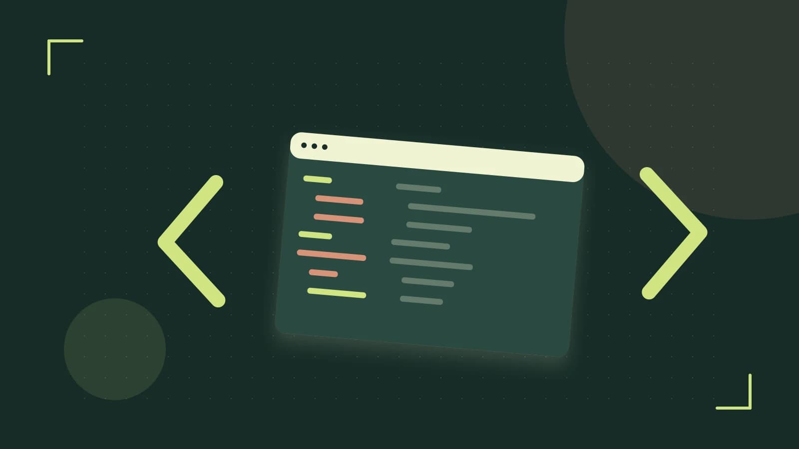 Editorial illustration of an abstract code editor, syntax blocks and oversized programming brackets