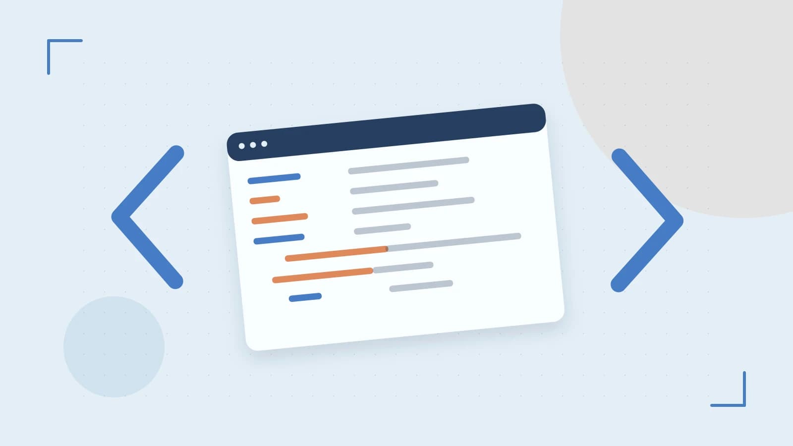 Editorial illustration of an abstract code editor, syntax blocks and oversized programming brackets