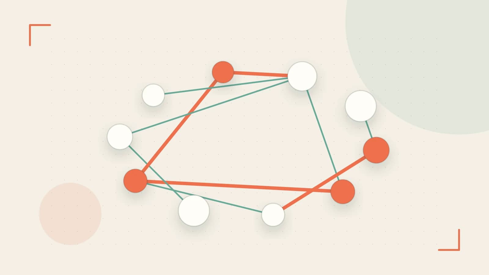 Editorial illustration of an algorithmic node graph with branching paths and a highlighted result