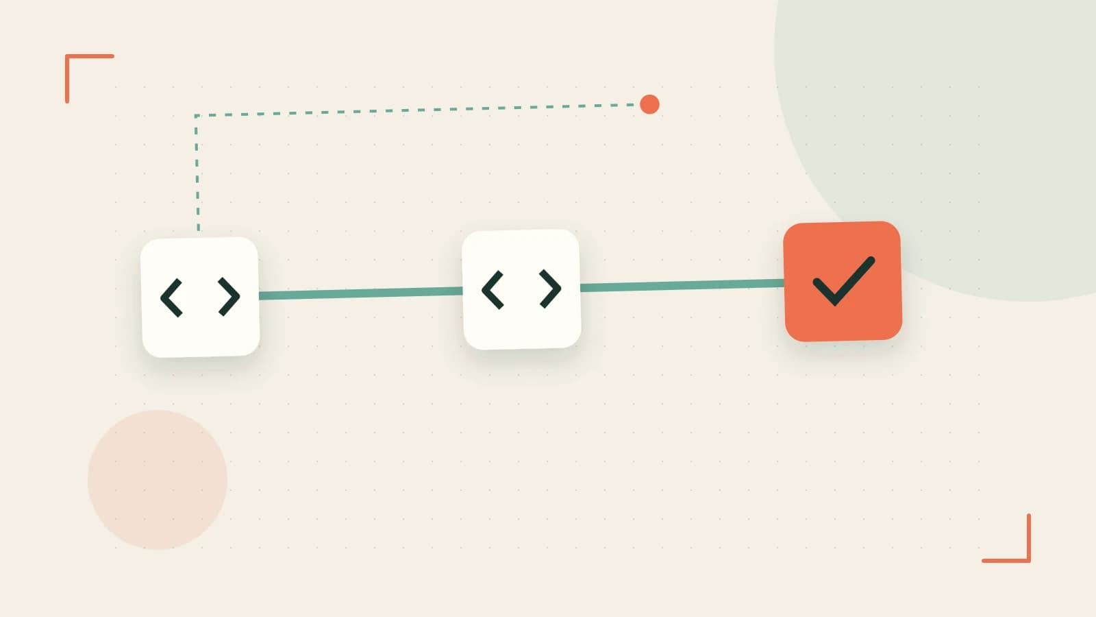 Editorial illustration of a branching build pipeline, staged transformations and a completed check