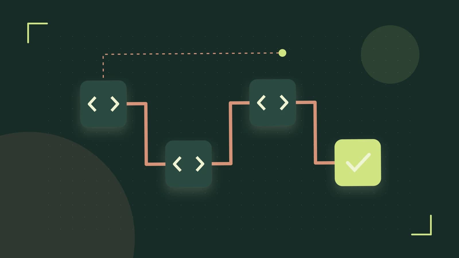 Editorial illustration of a branching build pipeline, staged transformations and a completed check