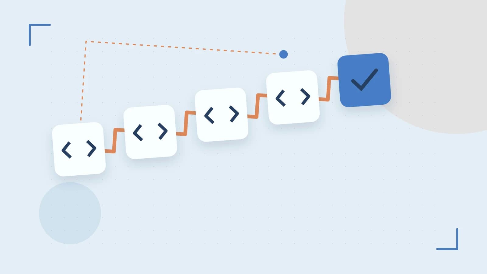 Editorial illustration of a branching build pipeline, staged transformations and a completed check