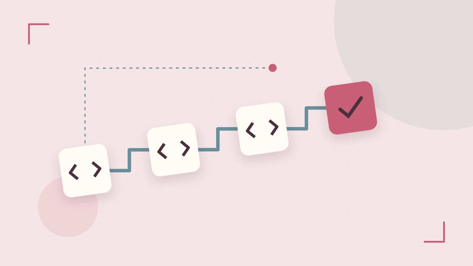 Editorial illustration of a branching build pipeline, staged transformations and a completed check