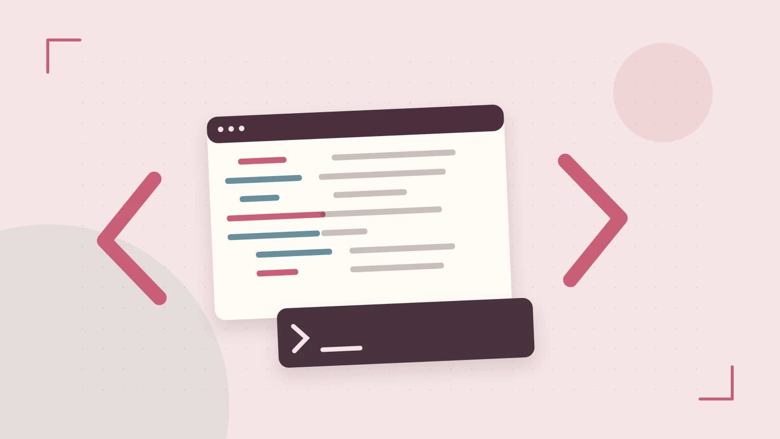 Editorial illustration of an abstract code editor, syntax blocks and oversized programming brackets
