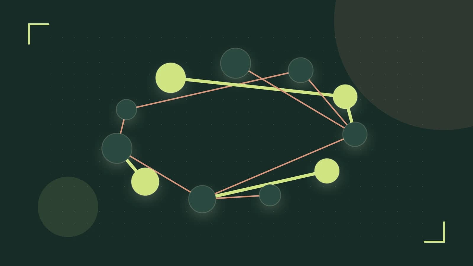 Editorial illustration of an algorithmic node graph with branching paths and a highlighted result