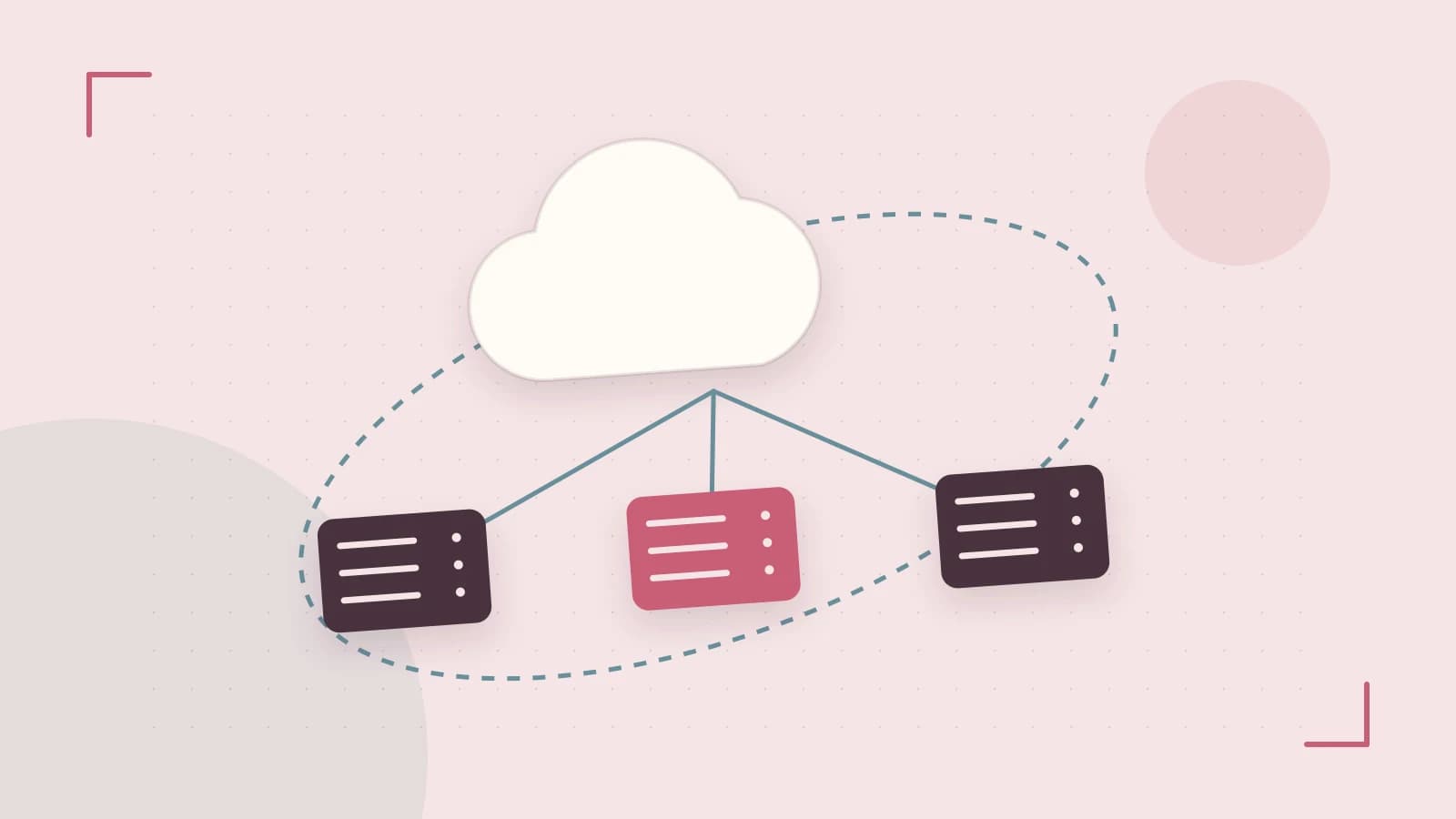 Editorial illustration of cloud infrastructure, connected server racks and an orbital service map
