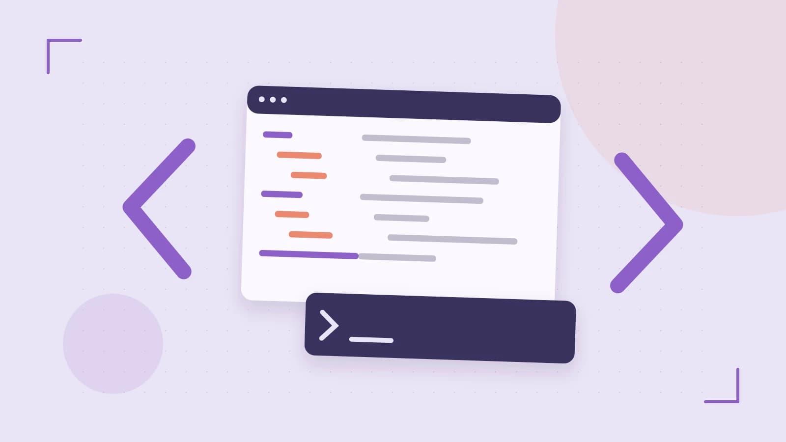 Editorial illustration of an abstract code editor, syntax blocks and oversized programming brackets