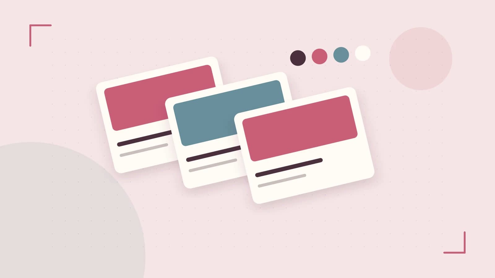 Editorial illustration of responsive browser layouts, overlapping design components and a color system
