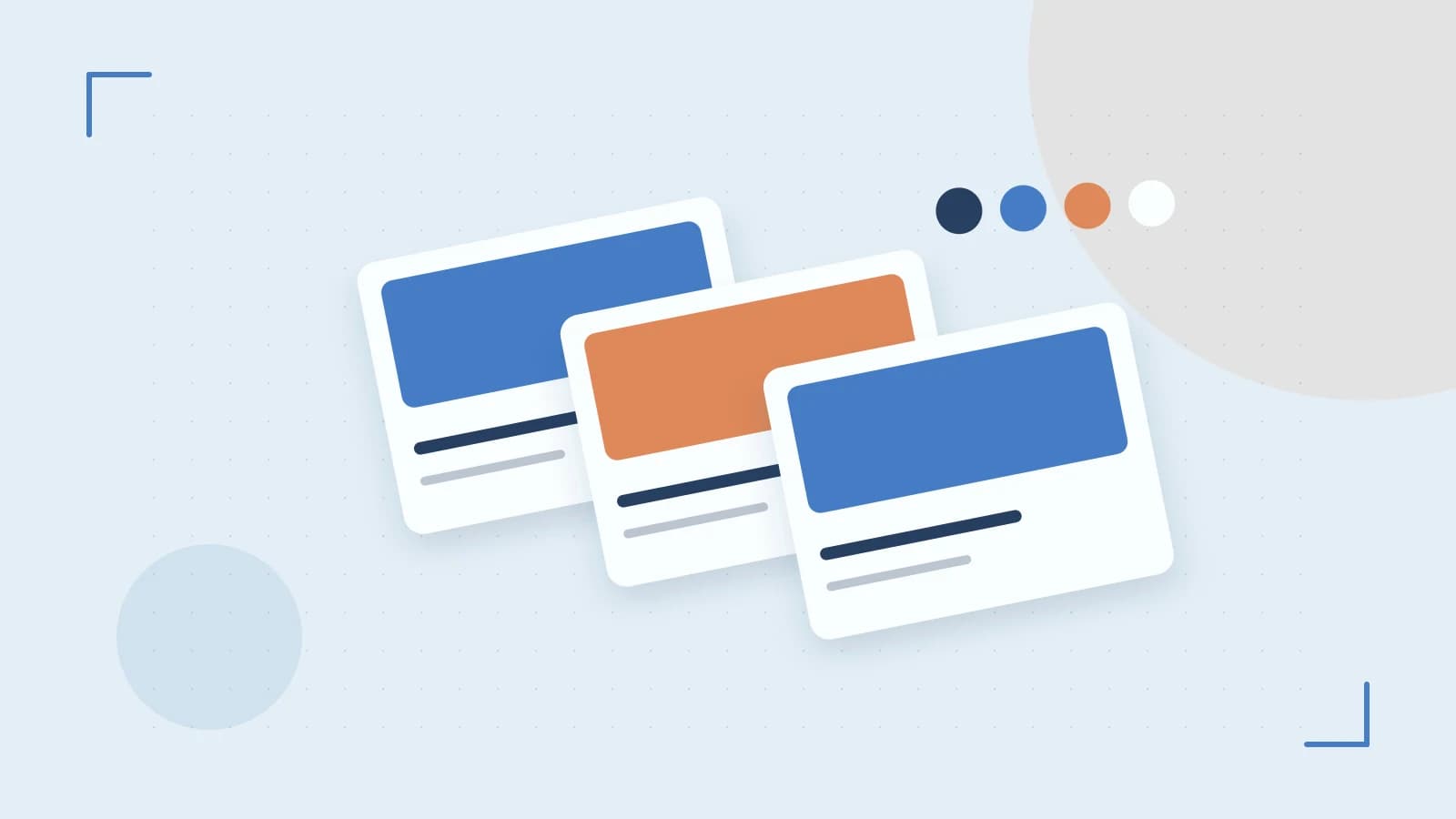 Editorial illustration of responsive browser layouts, overlapping design components and a color system