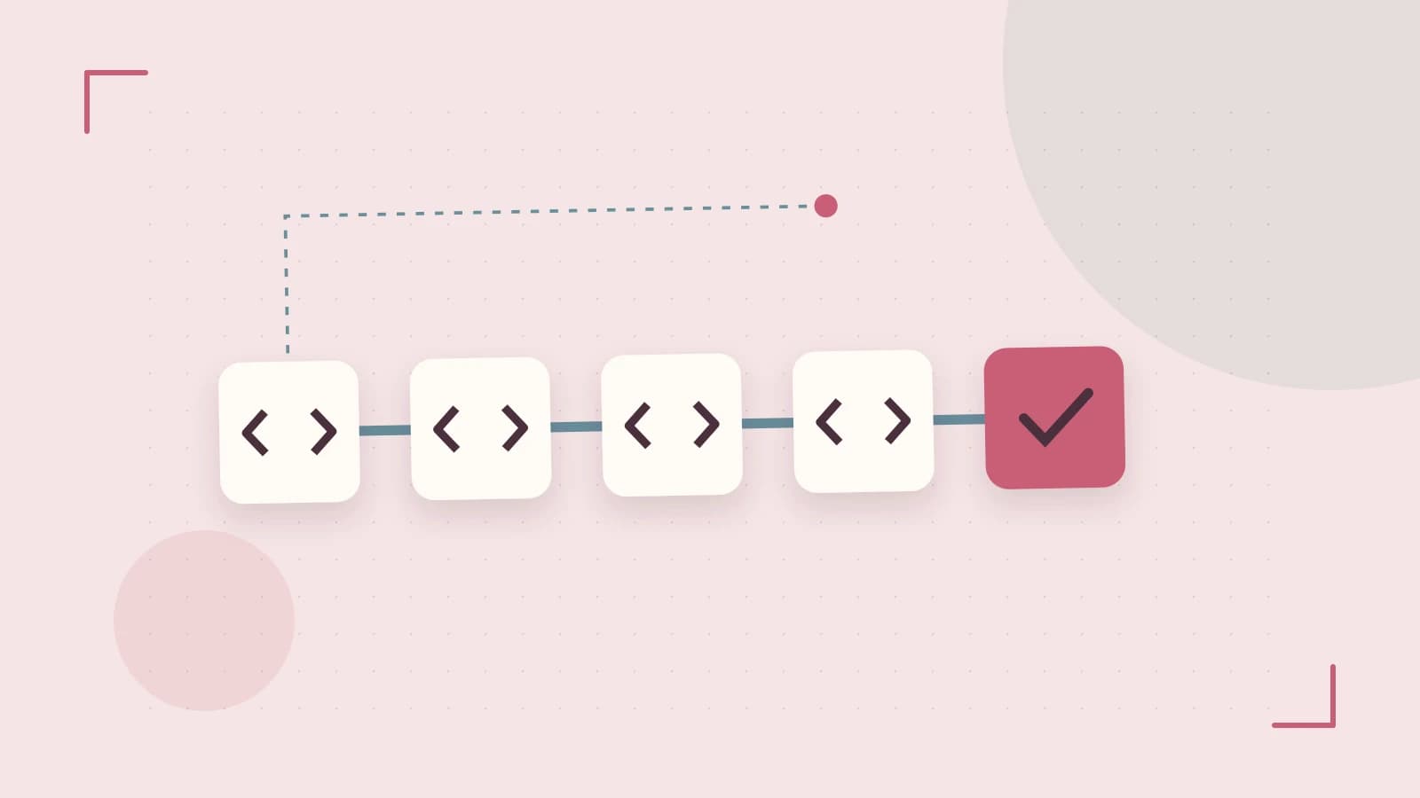 Editorial illustration of a branching build pipeline, staged transformations and a completed check