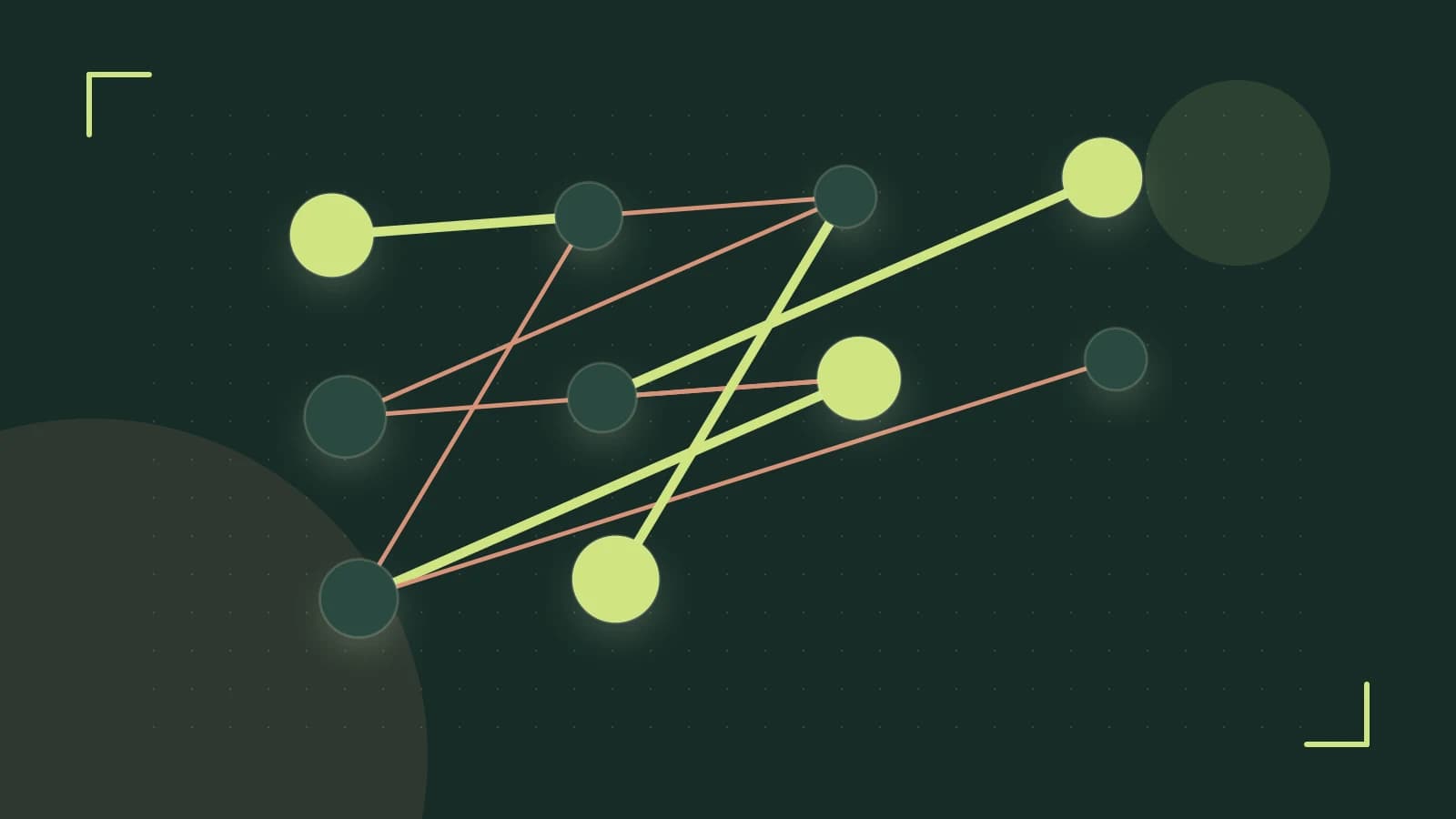 Editorial illustration of an algorithmic node graph with branching paths and a highlighted result
