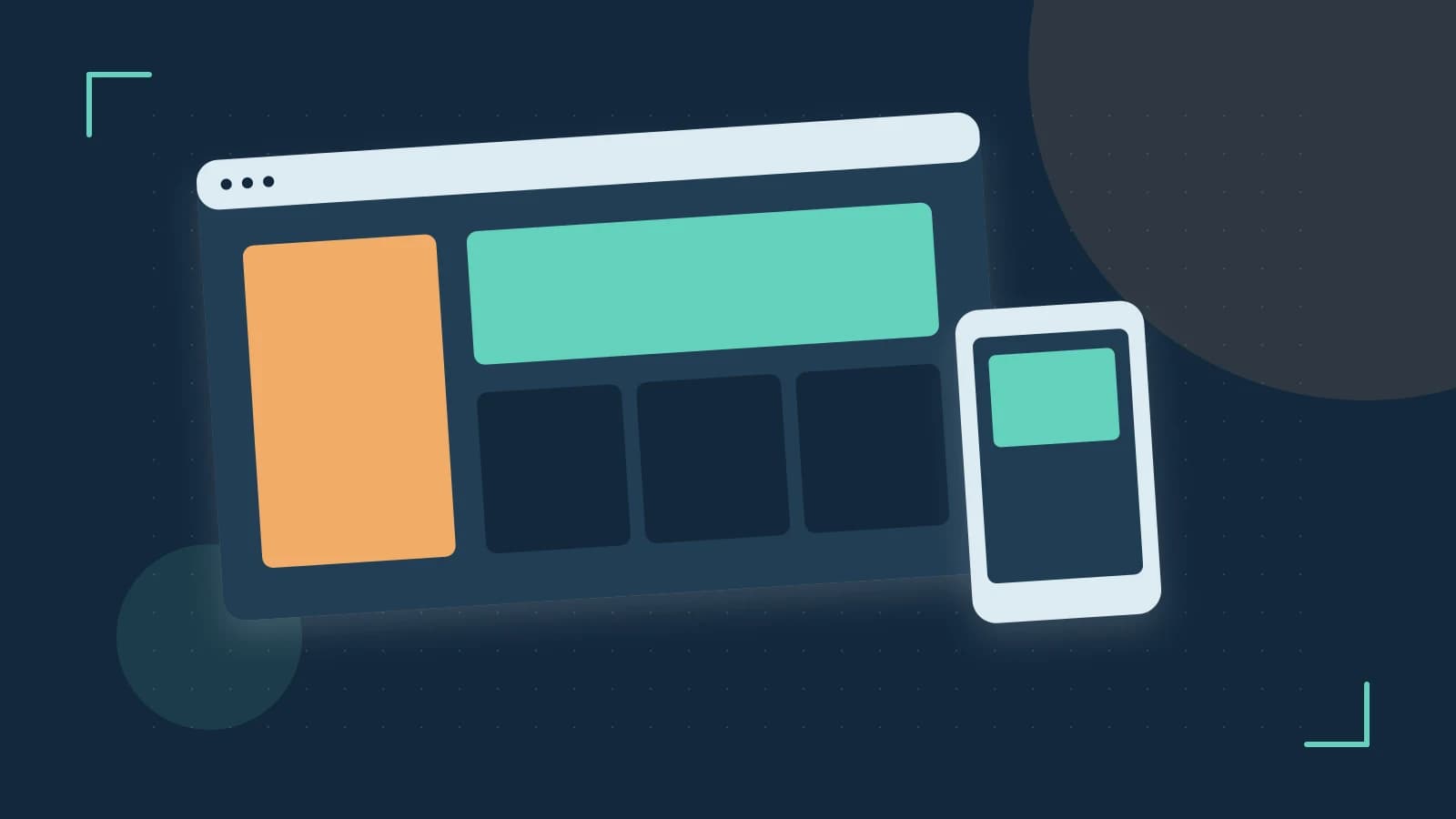 Editorial illustration of responsive browser layouts, overlapping design components and a color system