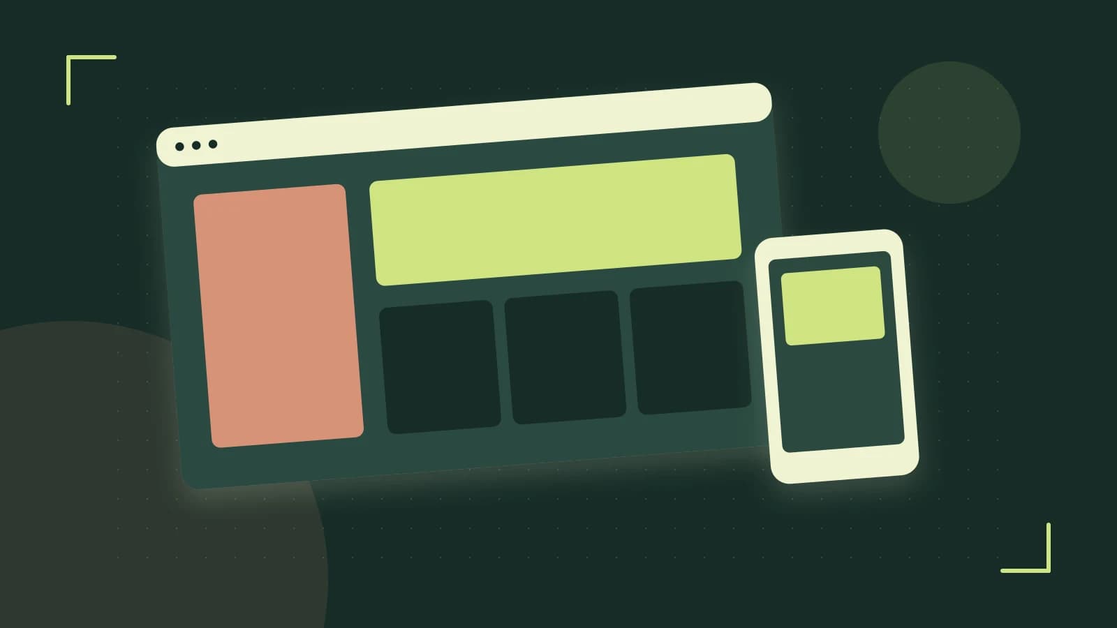 Editorial illustration of responsive browser layouts, overlapping design components and a color system