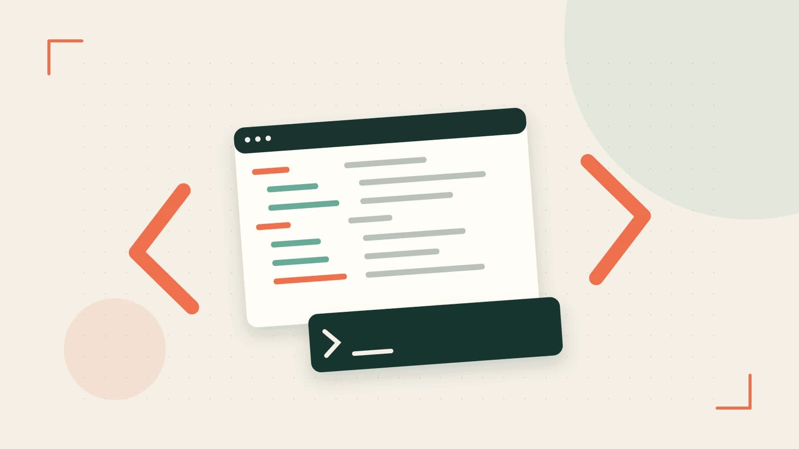 Editorial illustration of an abstract code editor, syntax blocks and oversized programming brackets