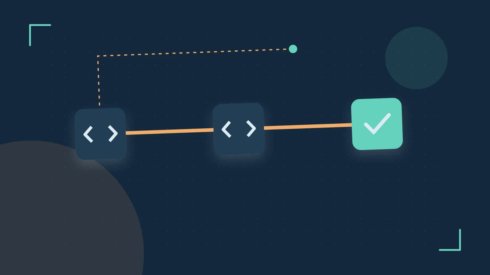 Editorial illustration of a branching build pipeline, staged transformations and a completed check