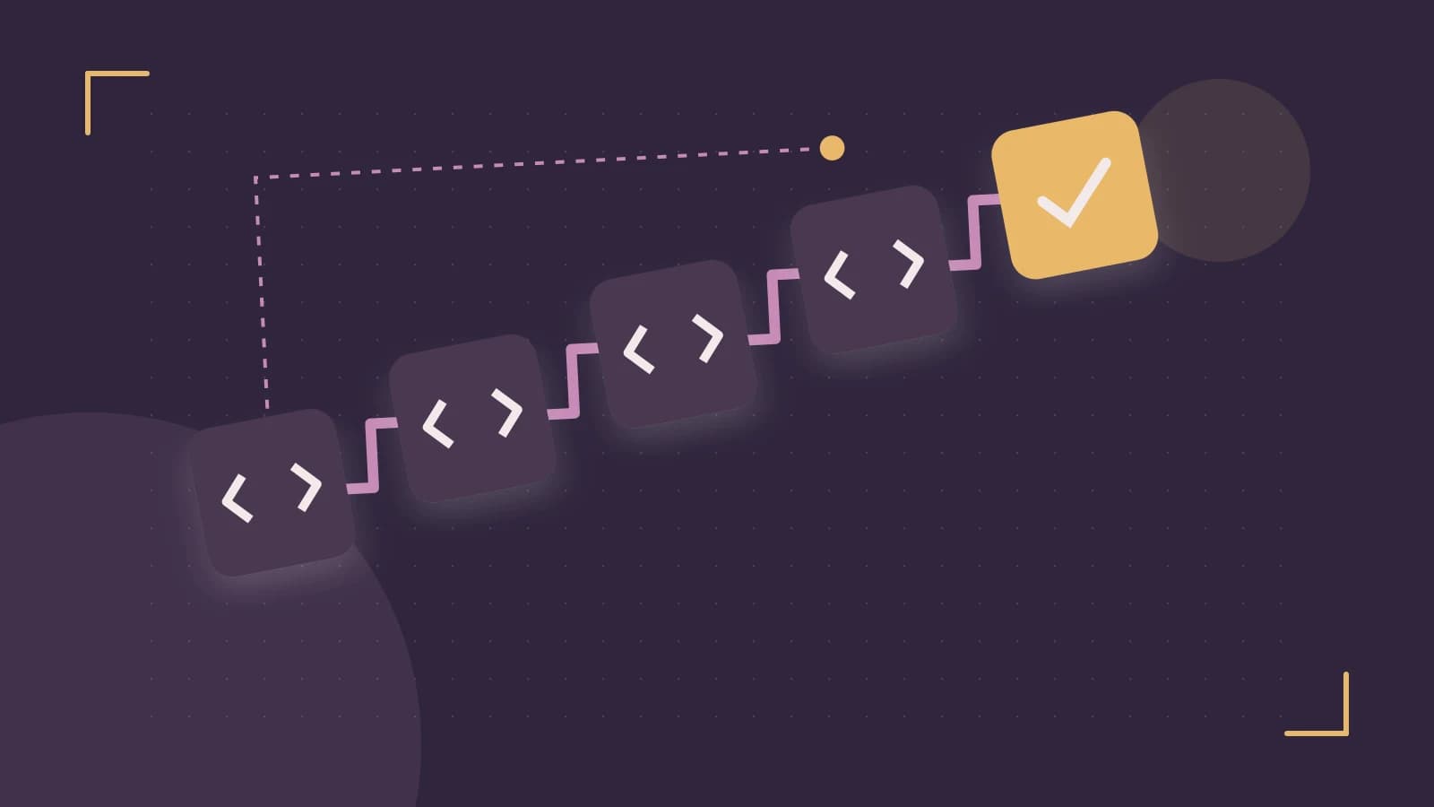 Editorial illustration of a branching build pipeline, staged transformations and a completed check