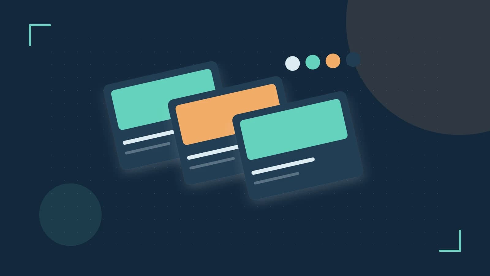 Editorial illustration of responsive browser layouts, overlapping design components and a color system