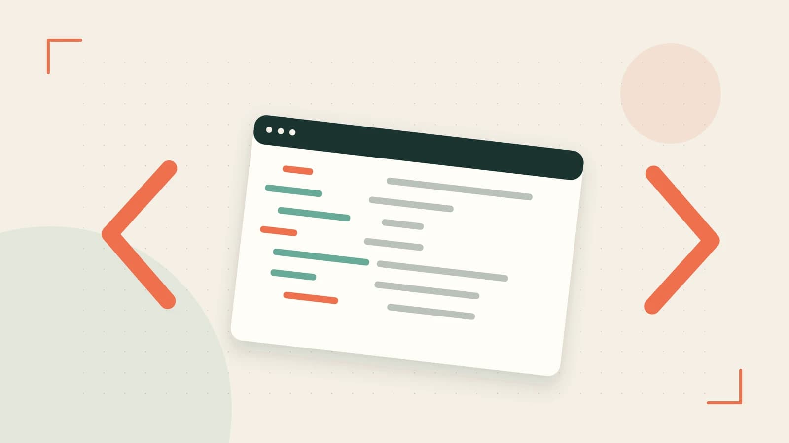 Editorial illustration of an abstract code editor, syntax blocks and oversized programming brackets
