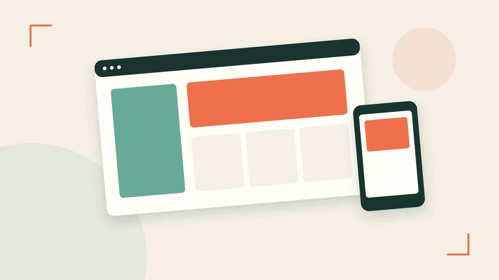 Editorial illustration of responsive browser layouts, overlapping design components and a color system