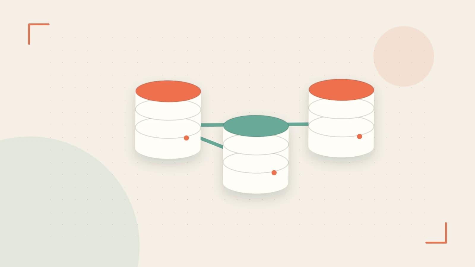 Editorial illustration of structured records, database cylinders and relationships between tables
