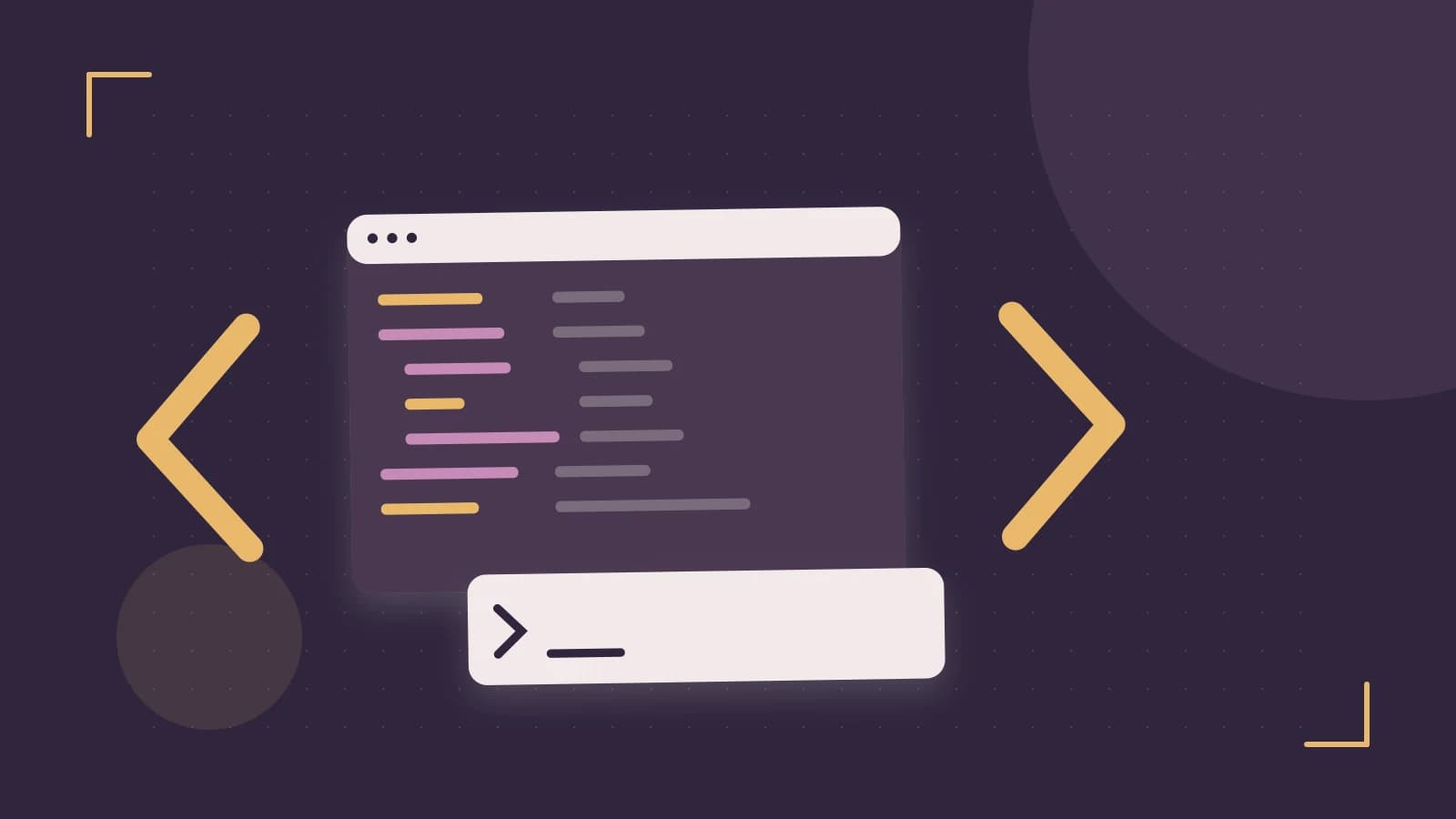 Editorial illustration of an abstract code editor, syntax blocks and oversized programming brackets