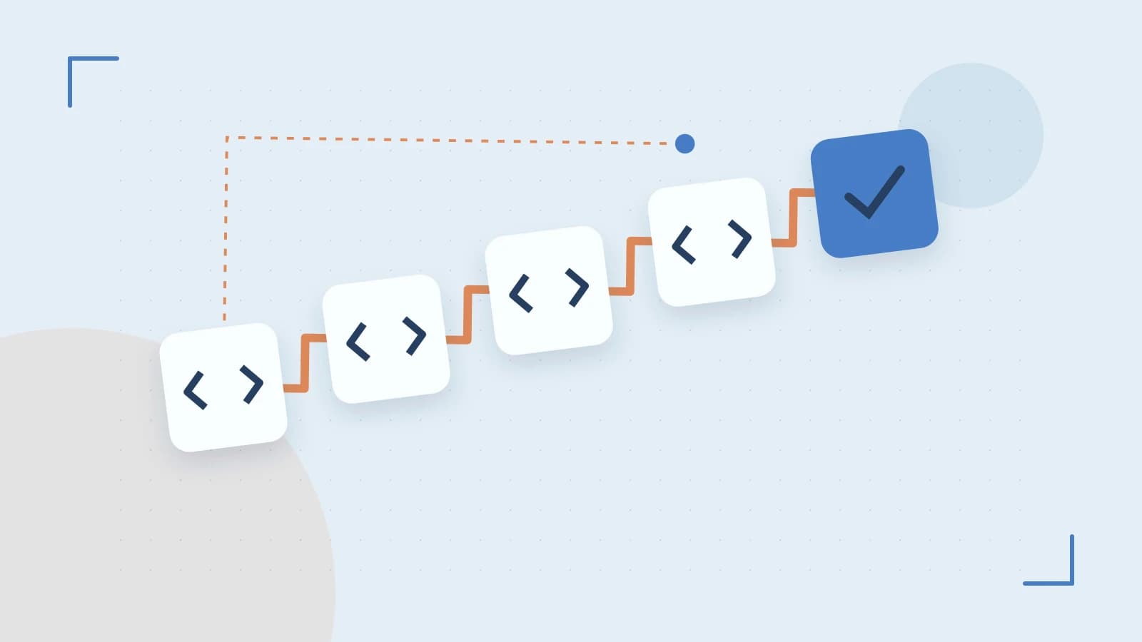 Editorial illustration of a branching build pipeline, staged transformations and a completed check