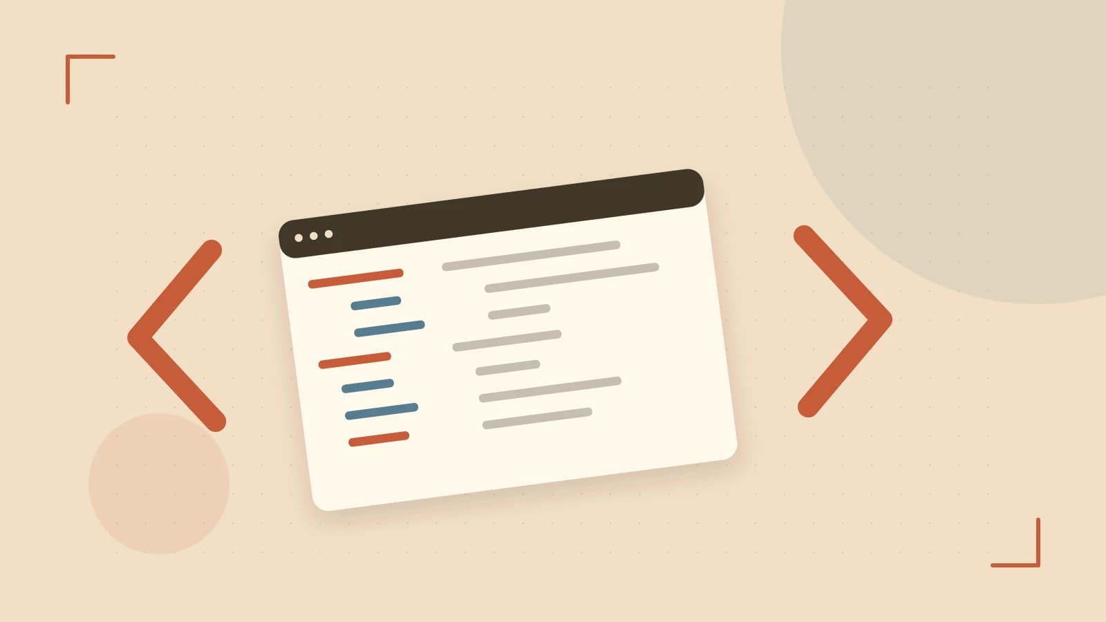 Editorial illustration of an abstract code editor, syntax blocks and oversized programming brackets
