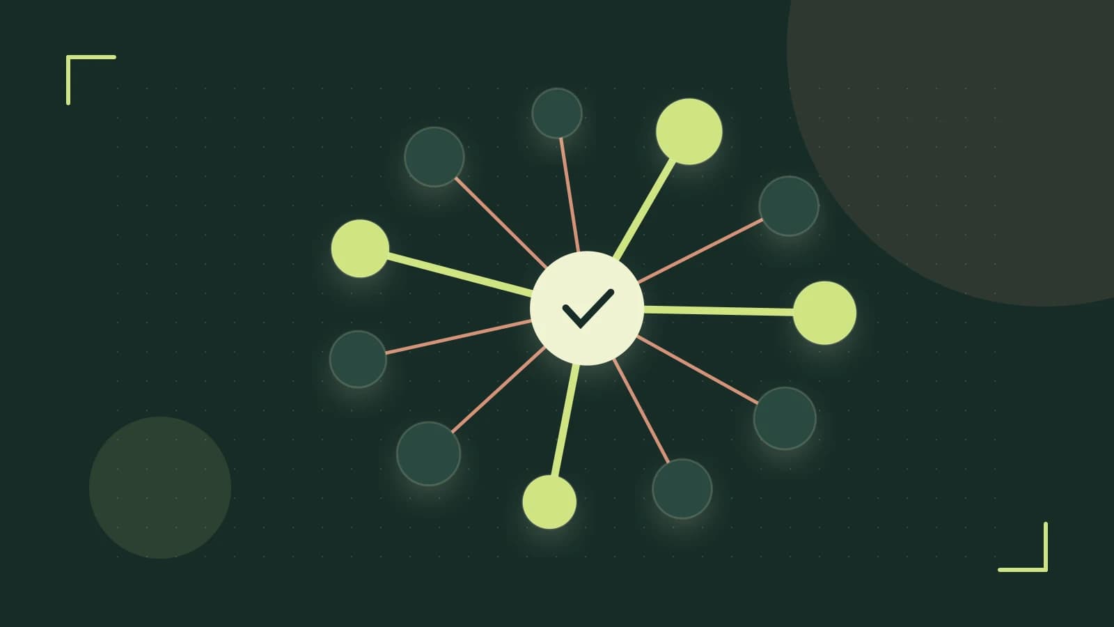 Editorial illustration of an algorithmic node graph with branching paths and a highlighted result